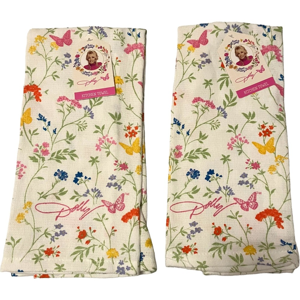 Dolly Parton Floral Butterfly Kitchen Towels Set of 2 White Cotton Waffle Weave
